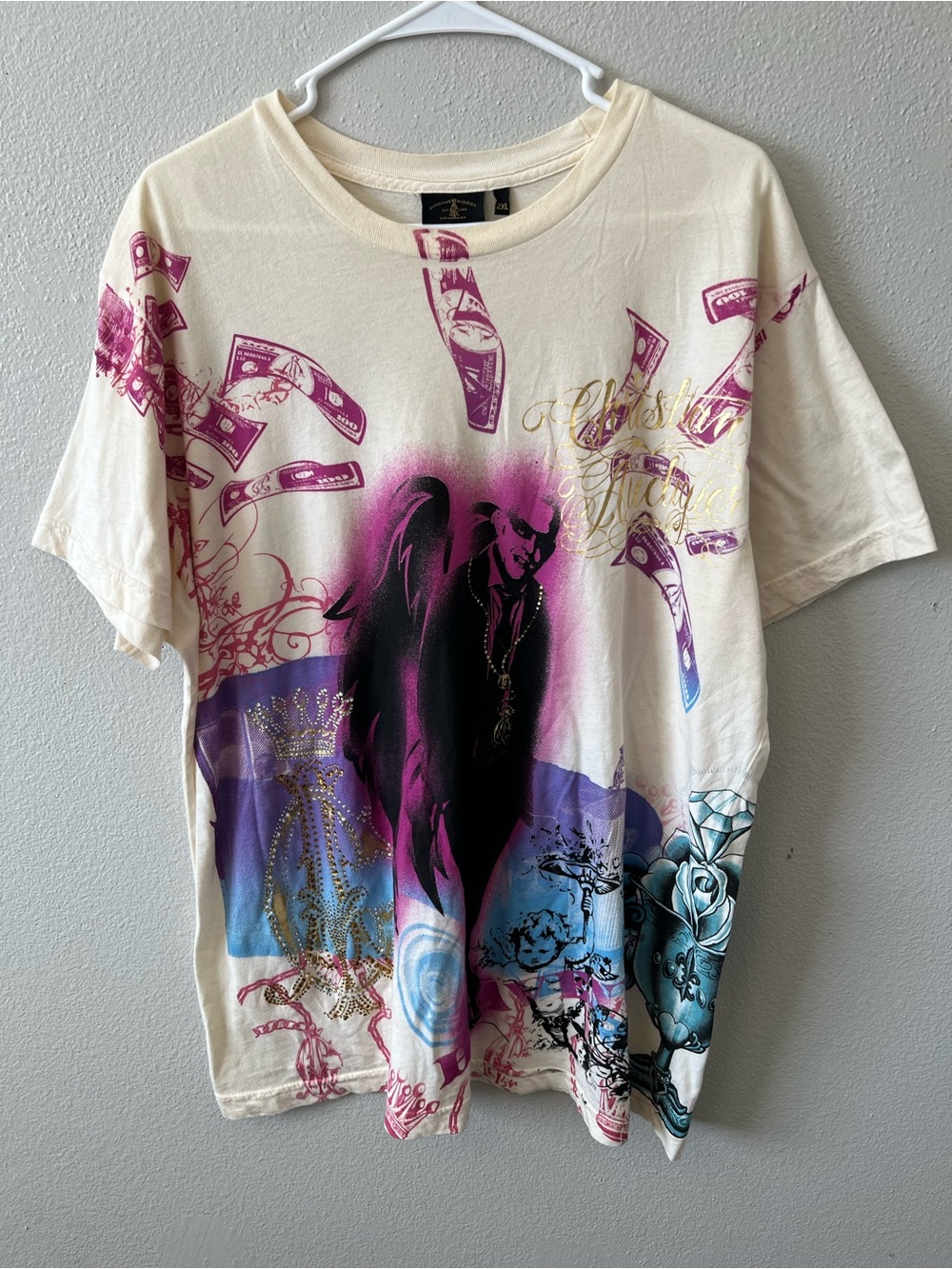 Christian Audigier Vintage Y2K Graffiti Print T-Shirt City of Angels Punk Emo